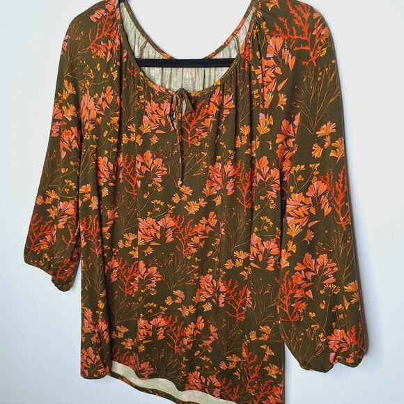 Garnet Hill Gathered Knit Artist Tee Top Medium Tencel Lyocell Forest Boho Leaf - Picture 3 of 8
